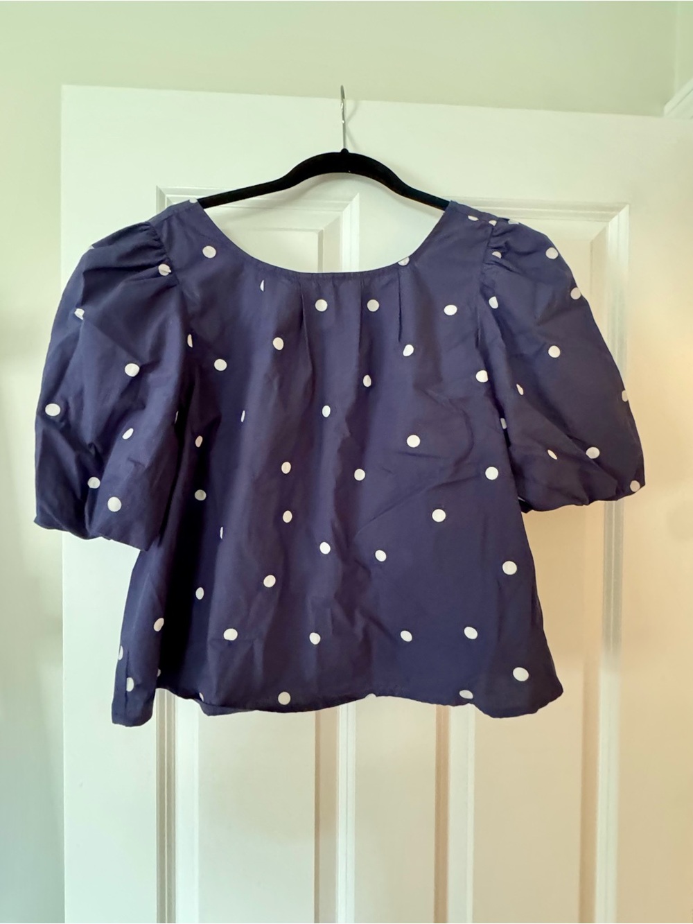 Maeve by Anthropologie Puff Sleeve Swing Blouse- Navy Polka Dot